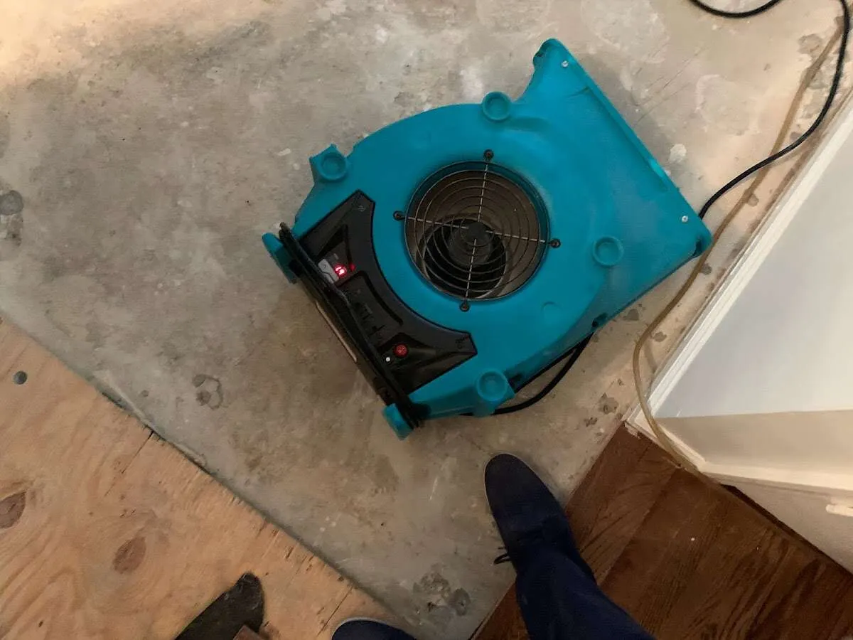 Air mover drying subfloor during Commercial Water Damage Restoration in Whitemarsh Island